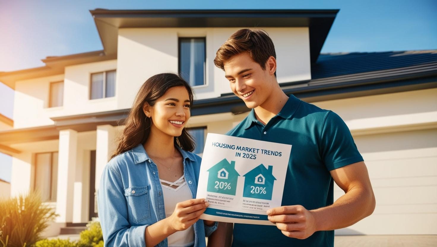 Young couple in front of a home, holding a flyer about the 2025 housing market predictions 